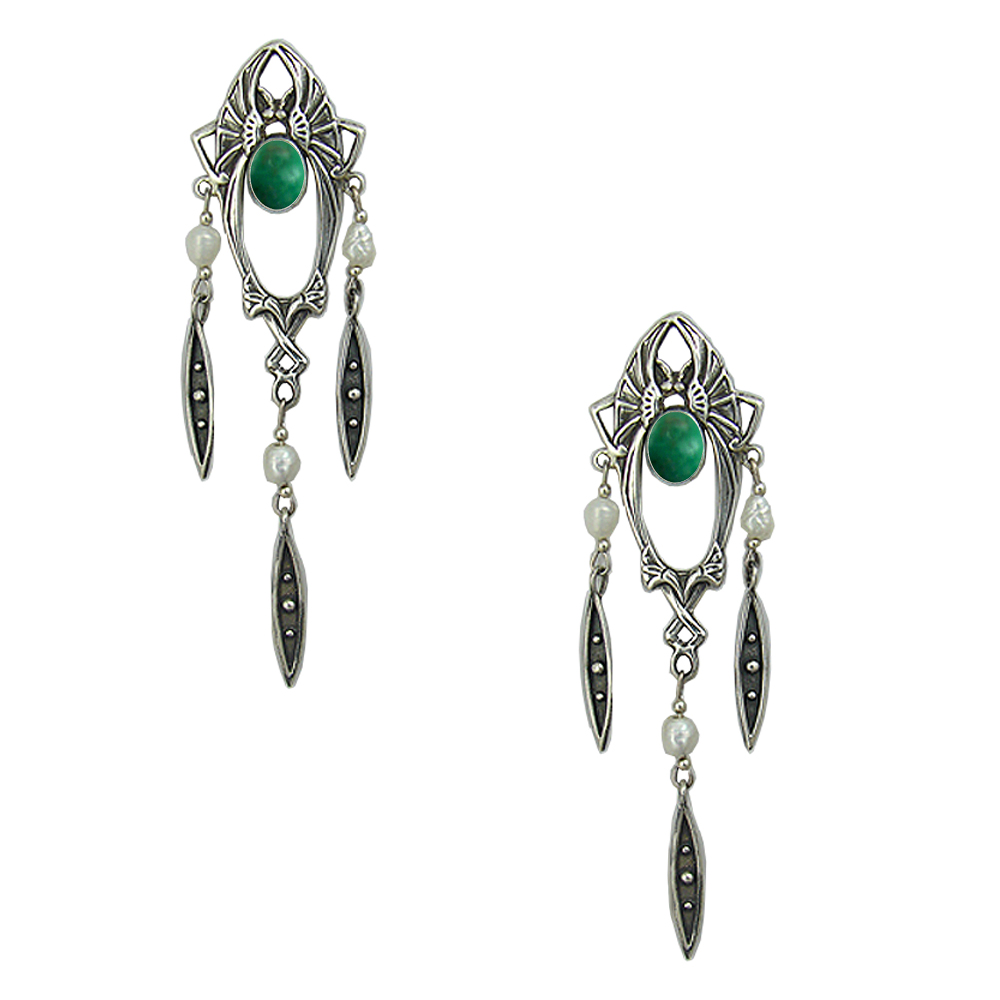 Sterling Silver Art Deco Drop Dangle Post Stud Earrings With Green Turquoise